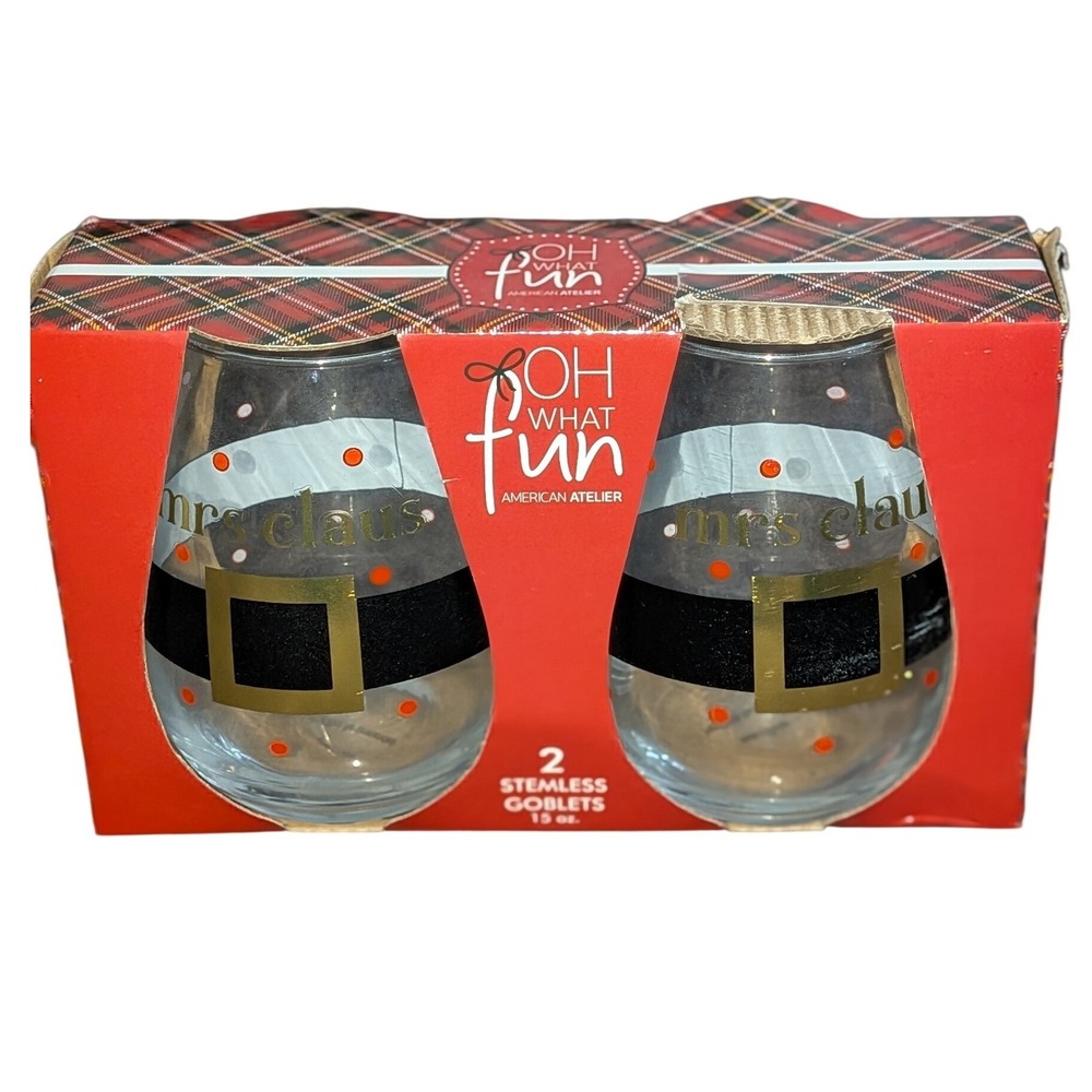 American Atelier Mrs Claus Stemless Wine Goblets 15oz Set of 2 Christmas NIB